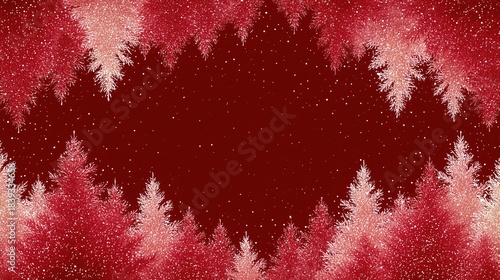 Christmas pine trees in red and white tones framing empty space, set against deep red background with falling snow sparkles. Festive holiday border, seasonal decor ideal for wallpaper, poster, banner.