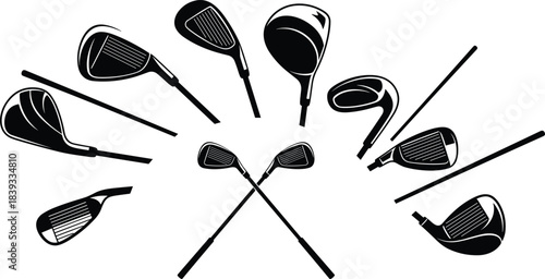 Fan-Shaped Collection of Various Golf Clubs in Black and White Including Woods, Irons, and Wedges, Arranged for Sports, Game, and Tournament Graphics.