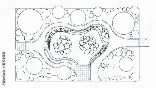 Top View Black and White Garden Landscape Design Plan Illustration