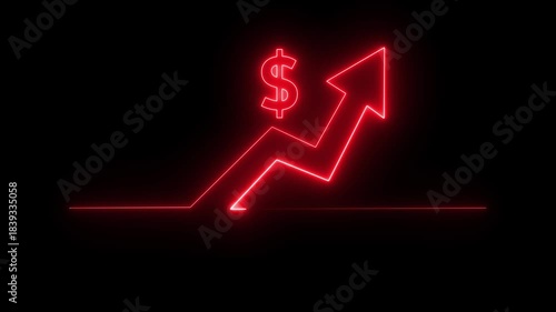 Neon business graph animation. Glowing neon arrow business graph icon animation on black background.