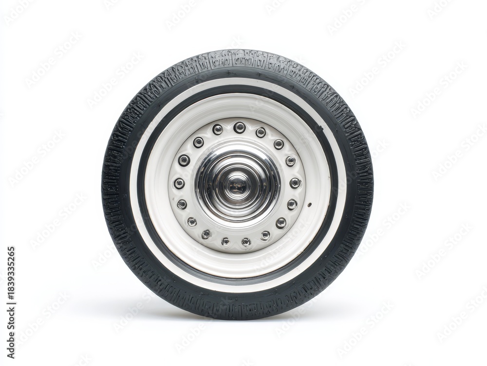 Fototapeta premium A large wheel sits on a clean white surface, showcasing its intricate design, polished rim, and tire tread patterns in clear focus