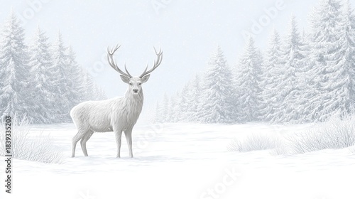 Christmas-themed illustration of white deer with large antlers, standing in snowy winter forest filled with snow-covered pine trees, gentle snowfall. Festive seasonal nature scene ideal for wallpaper