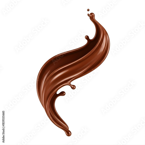 Dynamic and luscious chocolate splash in a captivating swirl, illustrating the rich, creamy texture and delightful essence of sweet liquid cocoa on a clean white background