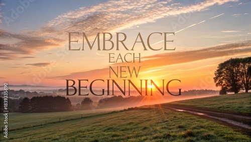 Sunrise over field with inspirational quote to embrace the new