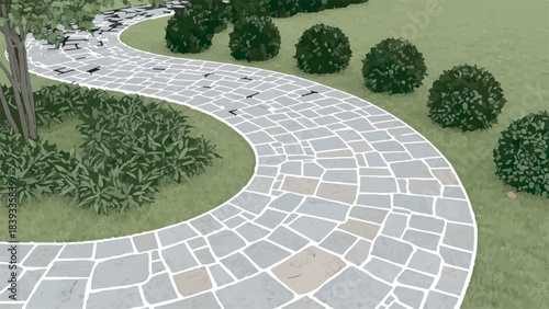 Serene winding garden path paved with natural stone leading through lush green landscaping.