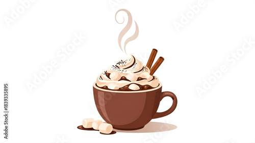 Warm and inviting hot chocolate in a mug, generously adorned with fluffy whipped cream, luscious chocolate drizzle, festive sprinkles, and aromatic cinnamon sticks, offering a perfect cozy treat