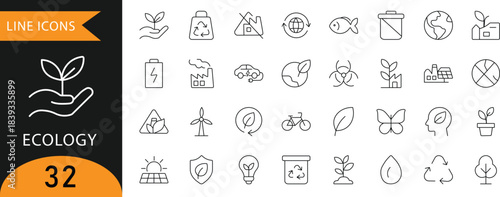 Global Warming and Renewable Energy Icons. Editable line icon set for planet earth, climate change, melting, pollution, factory, solar energy, and bicycle concepts. Essential for modern global issues.