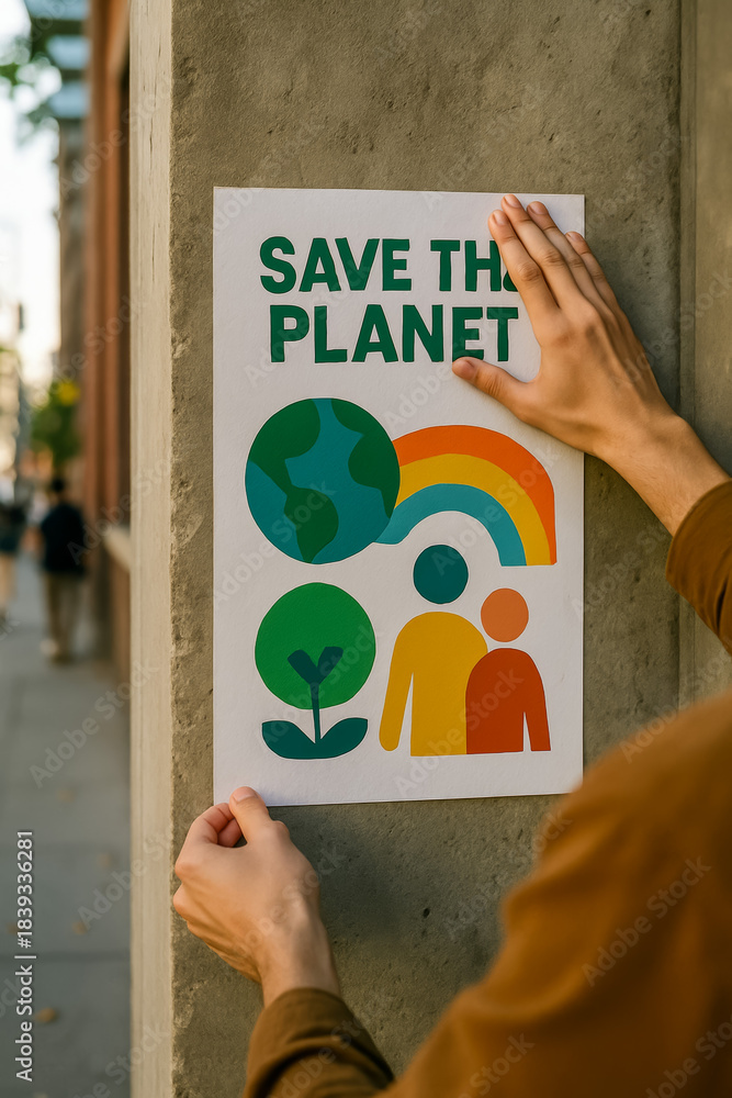 Fototapeta premium Hand placing a save the planet poster on a wall