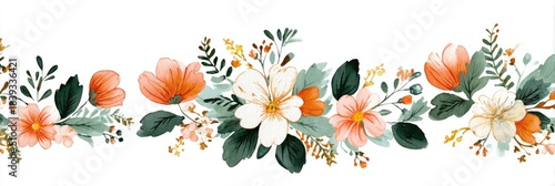 Watercolor floral border with orange, white, and soft pink flowers and green leaves, arranged horizontally