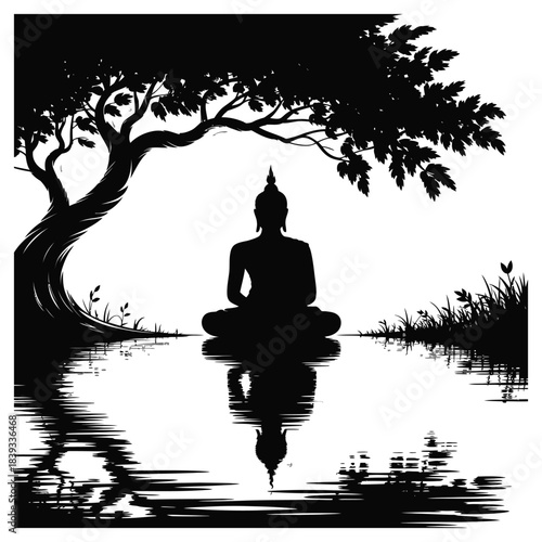 Buddha siting Under the Bodhi Tree Silhouette Vector Art with Reflection on water