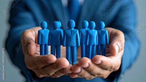 Wallpaper Mural Hands Holding Blue Plastic Figurines Dressed in Formal Suits Against a Gray Background Symbolizing Human Resources and Teamwork Torontodigital.ca