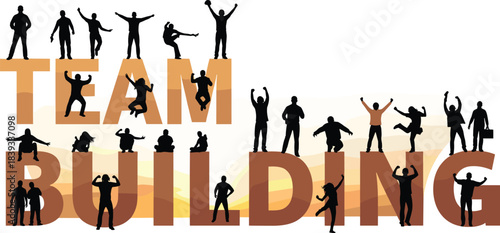 Black Silhouette Figures Standing on "Team Building" Typography Vector for Corporate Events, Business Training, Group Success, and Human Resource Concepts