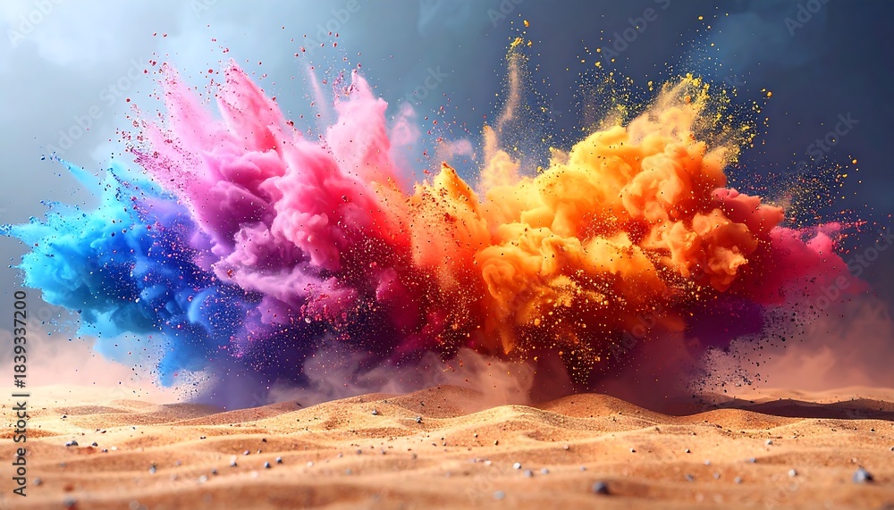 Obraz premium Vibrant cloud of colored powder explodes over a tan, sandy surface under a cloudy sky