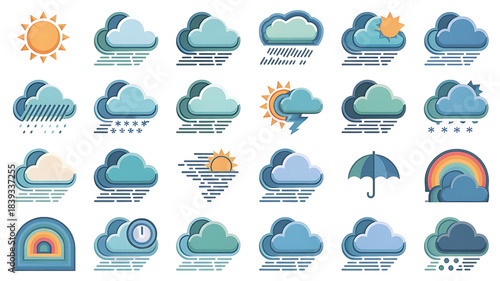 Weather Icons Set: A vibrant collection of weather icons, depicting diverse conditions, perfect for illustrating forecasts and atmospheric phenomena.
