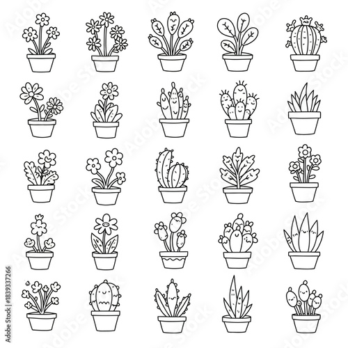 A charming collection of 25 diverse cartoon potted plant doodles, presented as simple line art vector illustrations, perfect for decorative design elements and educational content