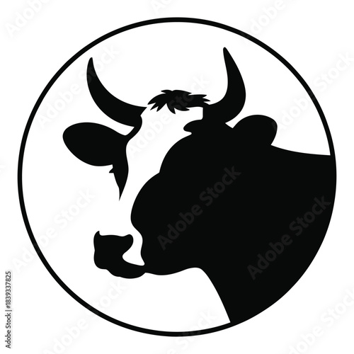 Black and White Dairy Cow Head Logo in Circle Vector, bull head silhouette