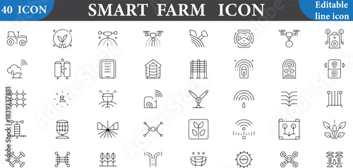 Collection of minimal line icons representing modern agriculture and smart farming technology