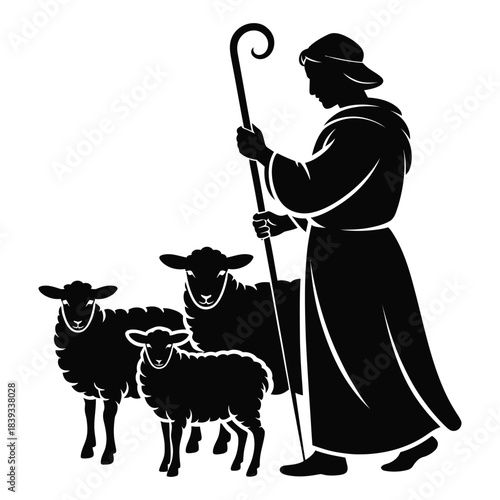 Shepherd with Sheep and Ram Silhouette Design | Black and White Vector Graphic, Silhouette of a shepherd with a staff guiding a flock of sheep in a field on a white background day