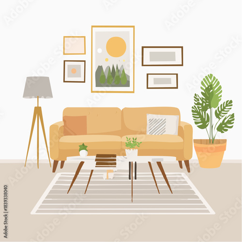 Modern Cozy Sofa Area with Indoor Plants – Vector Interior Design (AI-Generated)