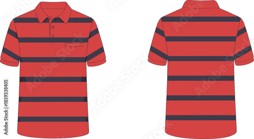 Red striped polo shirt, short sleeve, black horizontal stripes, chest pocket, collar buttons, front and back view, casual wear, fashion apparel