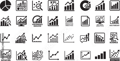 Data analytics graph icon set in bold silhouette style for charts, reports, trends, and insights.