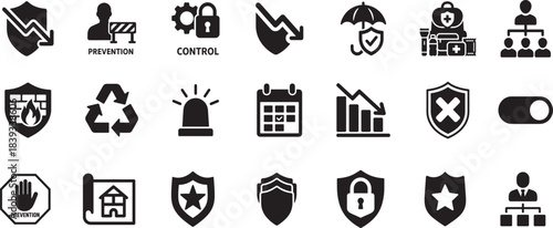 Flat mitigation icon set featuring prevention, protection, control, planning, and risk management.