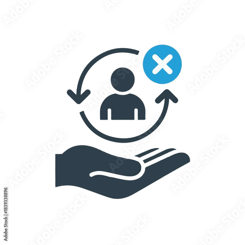 Minimalist flat not approval icon of a dark gray hand holding circular user profile with arrows, light blue cancel X, clean sharp lines, balanced modern design.