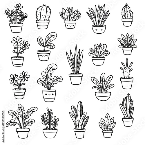 An enchanting vector assortment of 20 charming hand-drawn cartoon plant doodles in pots, ideal for delightful decorative design projects and nature-inspired themes