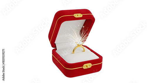 Luxurious red velvet box with gold ring emits a radiant light. Perfect for jewelry campaigns, wedding invitations, and romantic themes.