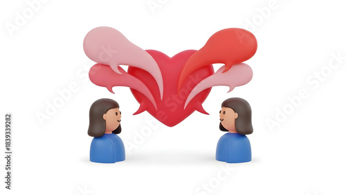 Two figures in conversation with heart and speech bubbles. Ideal for relationship, communication, love, counseling, and emotions concepts.