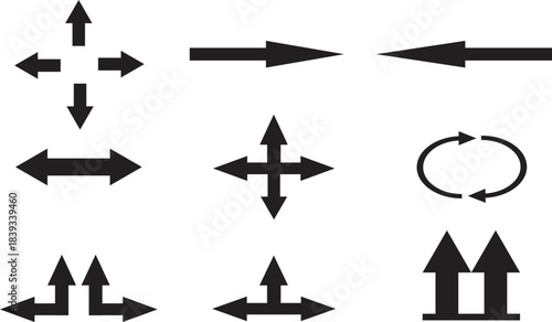 Arrow navigation and direction icon set. Resize cursor, exchange transfer, refresh loop, this way up, and crossroads vector collection.