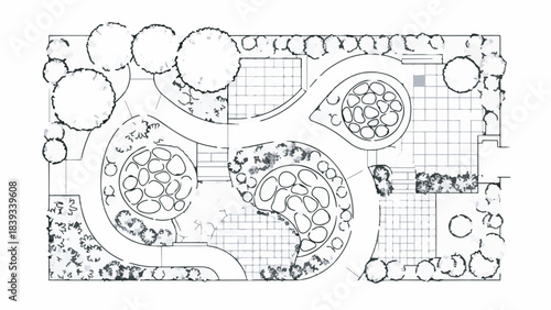 Garden Landscape Design Plan with Paths and Trees, Top View Illustration