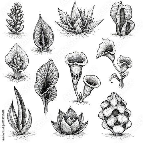 An extensive vector assortment of unique abstract plant illustrations, depicting diverse fantastical botanical forms and stylized alien flora designs