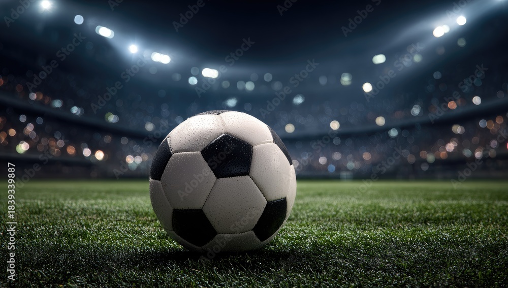 Naklejka premium A soccer ball sits on lush grass, stadium lights illuminating the packed stands in the background at nighttime