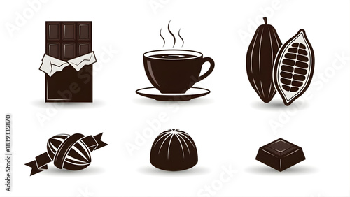 A collection of delicious chocolate and hot cocoa icons showcasing various forms of confectionery and beverages