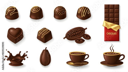 Collection of delicious chocolate confections, cocoa beans, and hot chocolate drinks, showcasing a variety of sweet treats