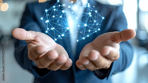 Wallpaper Mural Hands Holding Glowing Blue Digital Brain Network in a Business Setting with a Blurred Background Torontodigital.ca