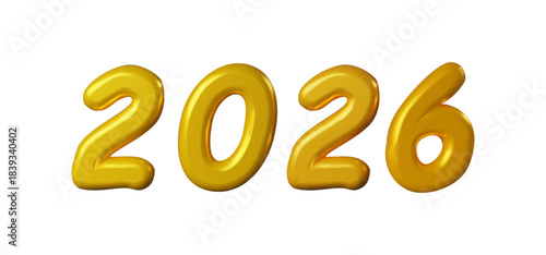 Golden 3D numbers forming 2026 isolated on a clean white background. Shiny metallic New Year designs, holiday banners, greeting cards, marketing materials, and promotional templates.
