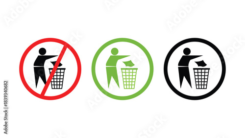 Waste Disposal Icons – No Littering and Throw Trash Symbol Set