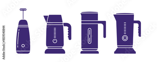 Icon of a colored milk frother. Outline of a handheld cappuccino maker. A simple illustration of an electric mixer with a round whisk for making homemade coffee. Flat isolated vector emblem.