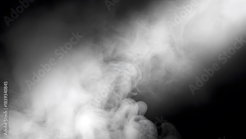 Cinematic beam of light with swirling smoke on black background