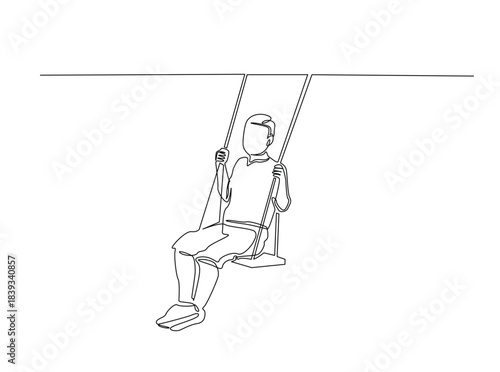 One Line Drawing of Child on Swing. Minimalist Continuous Line Art of a little boy sitting on a swing, holding the ropes with both hands