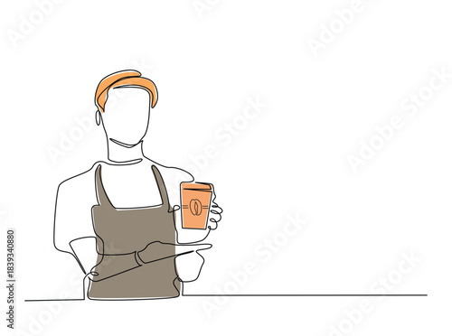 Continuous line art drawing of Barista preparing coffee. Barista in coffee shop in single outline illustration.