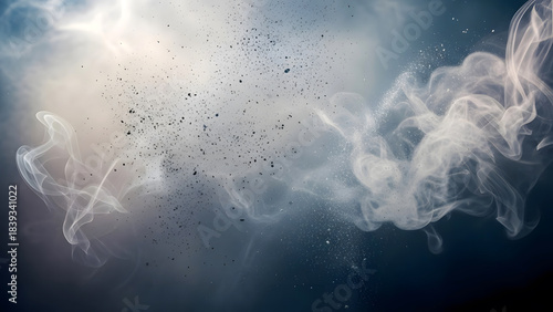 Abstract explosion of shattered debris and smoke particles on dark background