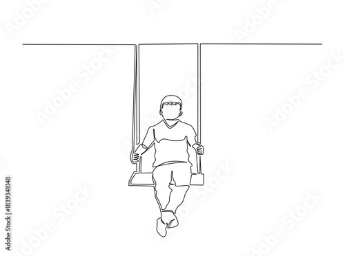 One Line Drawing of Child on Swing. Minimalist Continuous Line Art of a little boy sitting on a swing, holding the ropes with both hands