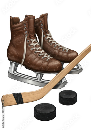 Detailed digital illustration of vintage ice hockey gear: scuffed brown leather skate, classic wooden stick, and black puck, isolated on transparent background with dramatic studio lighting.
