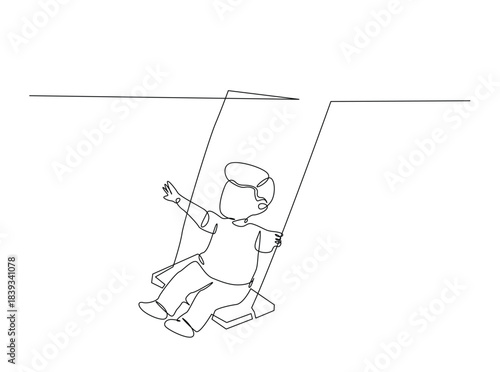 One Line Drawing of Child on Swing. Minimalist Continuous Line Art of a little boy sitting on a swing, holding the ropes with both hands