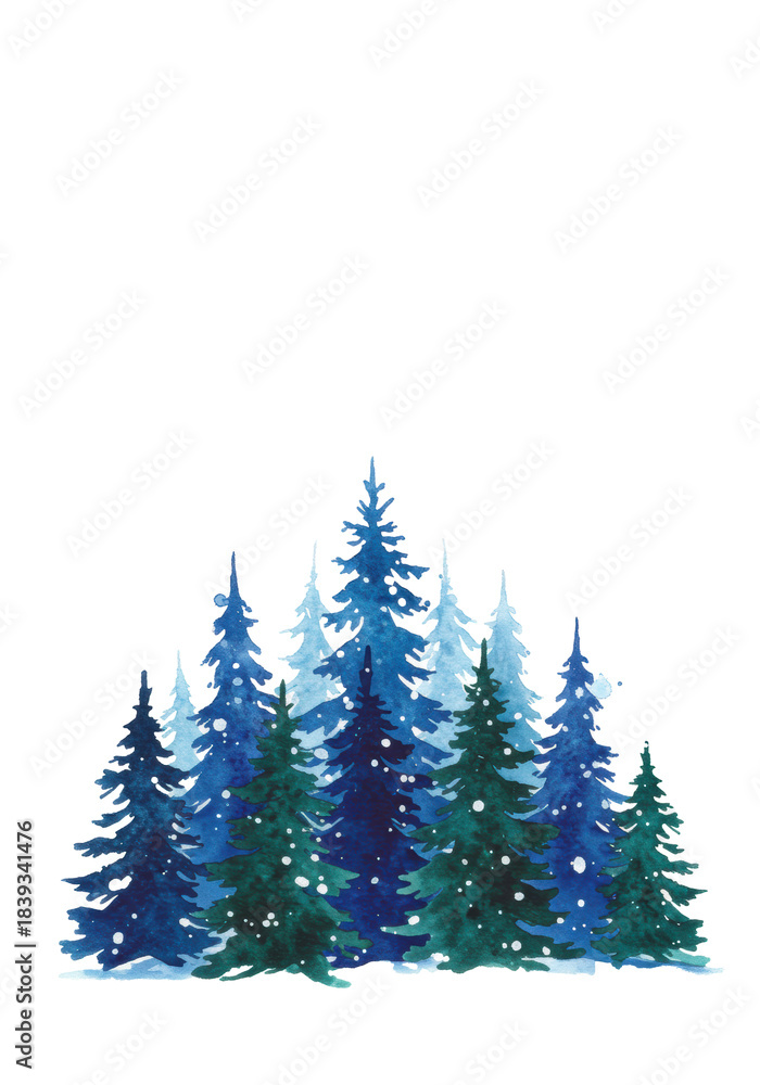 Fototapeta premium Stylized, dense pine trees painted in cool watercolor washes (indigo, emerald, teal), isolated on white with soft snowfall and expressive brushwork. Cozy holiday atmosphere