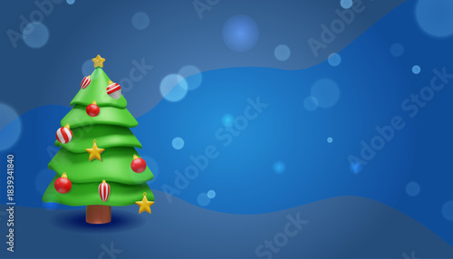 3D Christmas tree with ornaments on blue background. Jingle and Mingle holiday party invitation template. Festive winter celebration flyer with copy space for text