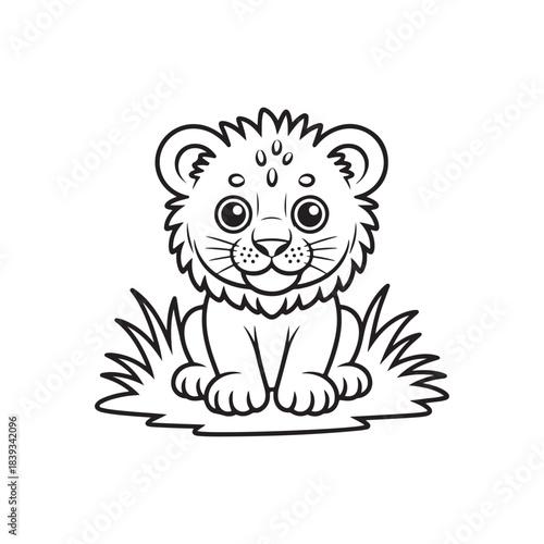 a charming black and white illustration depicts an adorable baby lion cub sitting amongst lush green grass